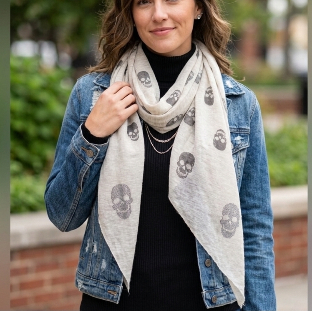Skull Print Cream Lightweight Open Front Scarf Shawl Wrap One Size